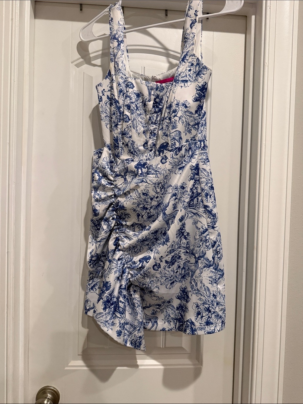 Blue & White Toile Mini Dress - Sleeveless Ruched Detail